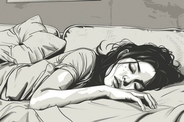 Woman peacefully resting on a bed, suitable for lifestyle or relaxation concepts