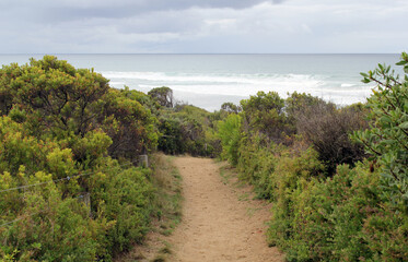 Sandy path through shrubs leading to Guvvos Beach on the Great Ocean Road in Victoria, Australia