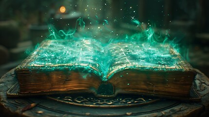 Experience a sorcerer's chamber where an ancient spell book lies open on an ornate stand.