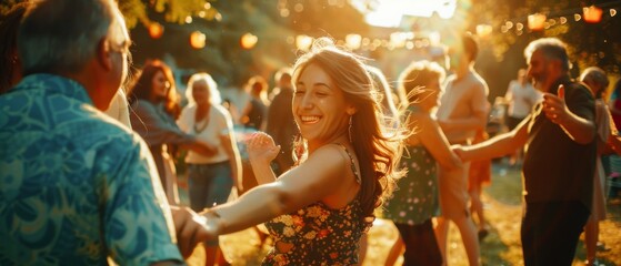 A beautiful brunette dances with family and friends at a garden party celebration. Young and old enjoying the sunshine during a summer disco.