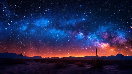 Experience a starry night in the desert, with a clear, expansive sky above and the silhouette of cacti and sand dunes below.