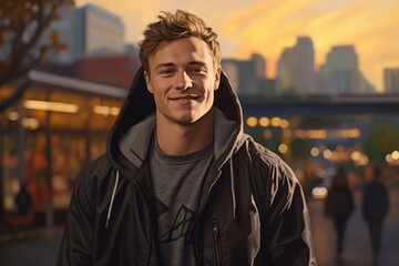 Fototapeta premium Portrait of a grinning man in his 20s wearing a zip-up fleece hoodie isolated on vibrant city park