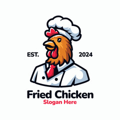Fried Chicken Logo Illustration. Rooster Mascot Design. Suitable for T-shirt, Badge, Emblem, Print, Business, Brand, Fast Food, Culinary Brand, Restaurant. Vector, Editable Color