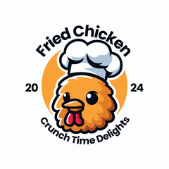 Fried Chicken Logo Illustration. Rooster Mascot Design. Suitable for T-shirt, Badge, Emblem, Print, Business, Brand, Fast Food, Culinary Brand, Restaurant. Vector, Editable Color