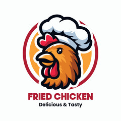 Fried Chicken Logo Illustration. Rooster Mascot Design. Suitable for T-shirt, Badge, Emblem, Print, Business, Brand, Fast Food, Culinary Brand, Restaurant. Vector, Editable Color