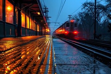 Train on track at station with rain covered platform
