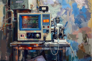 A painting of laboratory equipment on a table. Suitable for scientific and educational use