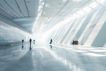 People walking in a large white room with a ceiling of light