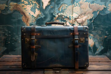A suitcase on table with world map in background