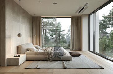 A minimalist bedroom with large windows, featuring a gray bed and light wood flooring