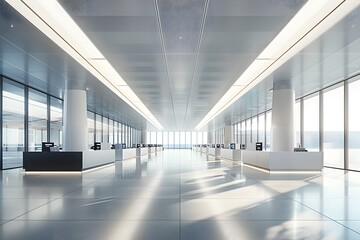 A long corridor illuminated by numerous windows with a desk