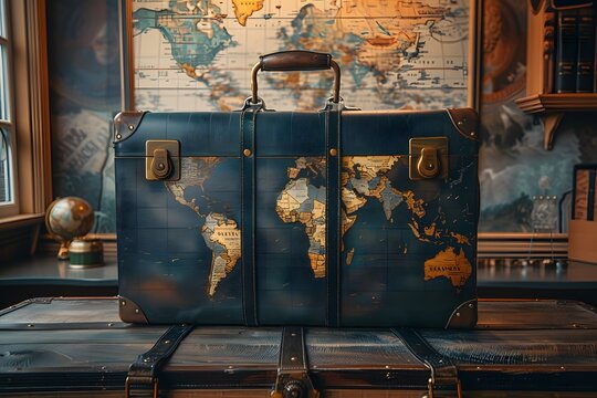 A suitcase on a table with a map