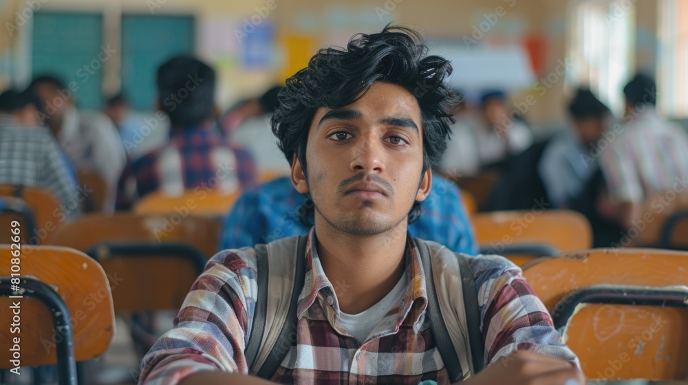 Poster A man sitting at a desk in a classroom. Suitable for educational concepts