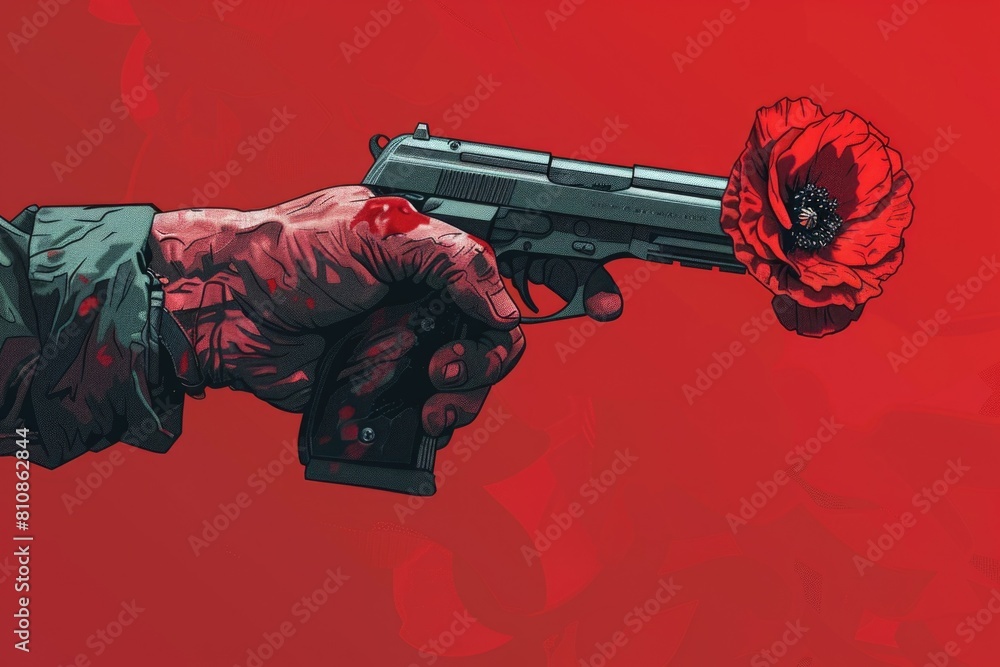 Poster a hand holding a gun with a flower, suitable for various concepts and themes