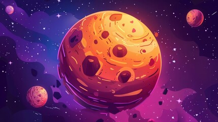 Cartoonly funny art of food planet, sphere with bun texture in cosmos. Illustration for fantasy game gui about tasty galaxy.