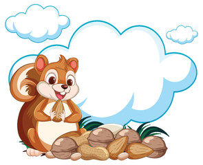 Obraz premium Cartoon squirrel sitting with nuts, happy expression