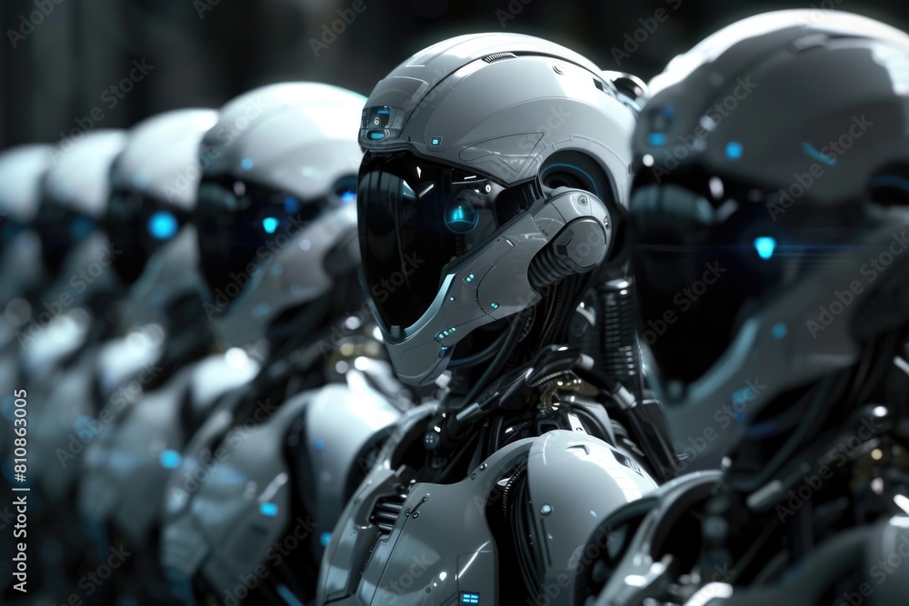 Poster A group of robots standing next to each other. Ideal for technology concepts