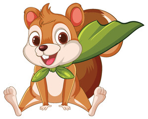 Obraz premium Cartoon squirrel smiling, holding a large leaf