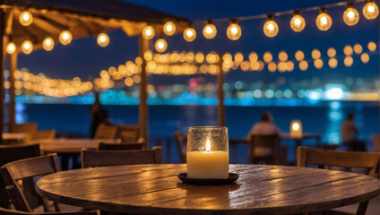 Coastal Ambiance, Wooden table set against a backdrop of blurred beach cafes, illuminated by...