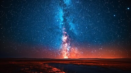 Gaze into a night sky bursting with stars over a dark landscape.