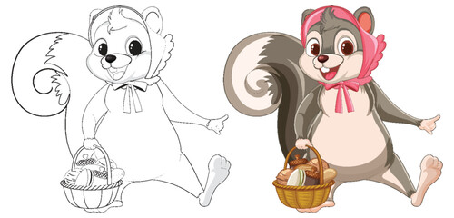 Obraz premium Colorful and line art illustrations of a happy squirrel
