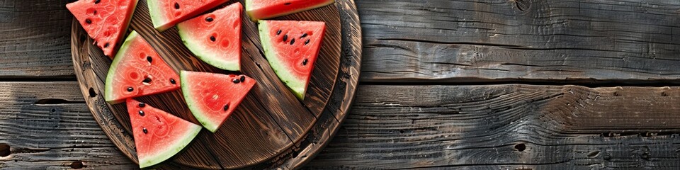 Watermelon in a wooden board. Cut the watermelon into pieces. On a wooden background. place for text. View from above. 