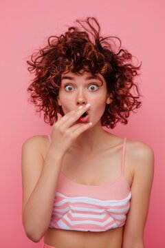 A woman holding a toothbrush to her mouth. Suitable for dental care concepts