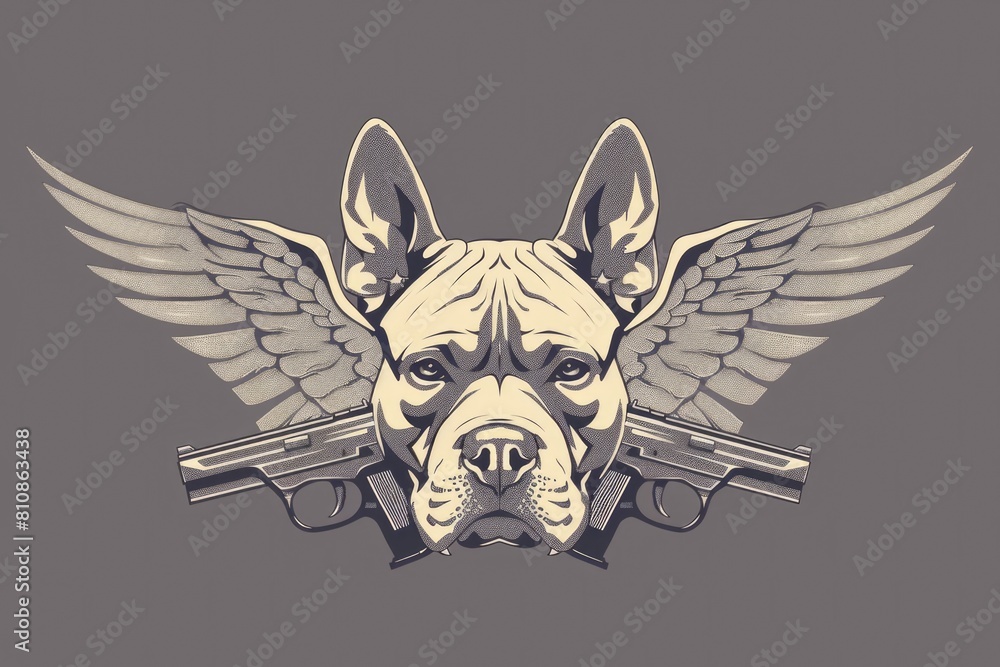 Poster a unique and surreal image of a dog with wings and guns. perfect for fantasy and surreal themed desi