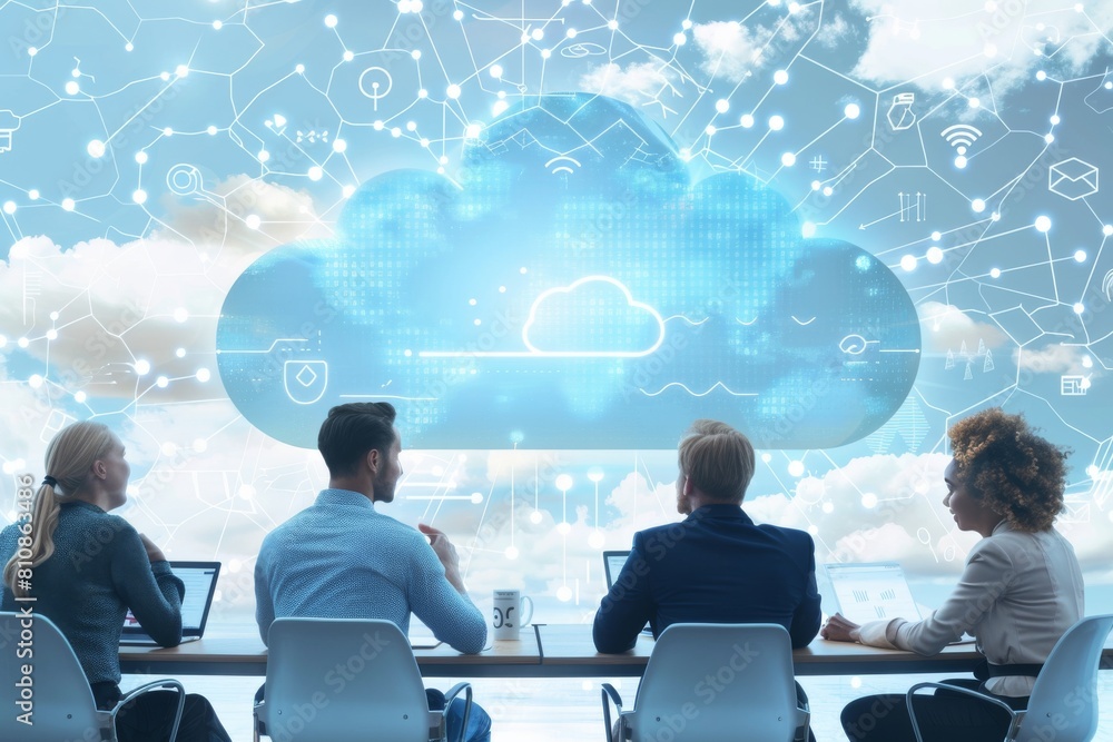 Poster modern workplace tables facilitate cloud networking and multiracial teamwork in business computing,v