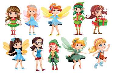 Various fairy girls in diverse outfits and styles