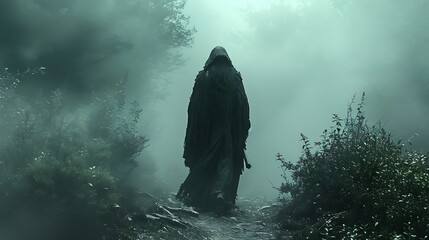 Immerse yourself in a haunting forest at midnight, where the Grim Reaper walks slowly, his scythe brushing against the underbrush.