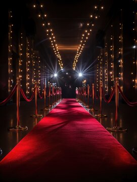 Red carpet in the light of golden spotlights. award and VIP party. velvet carpet. award and victory in cinema or music