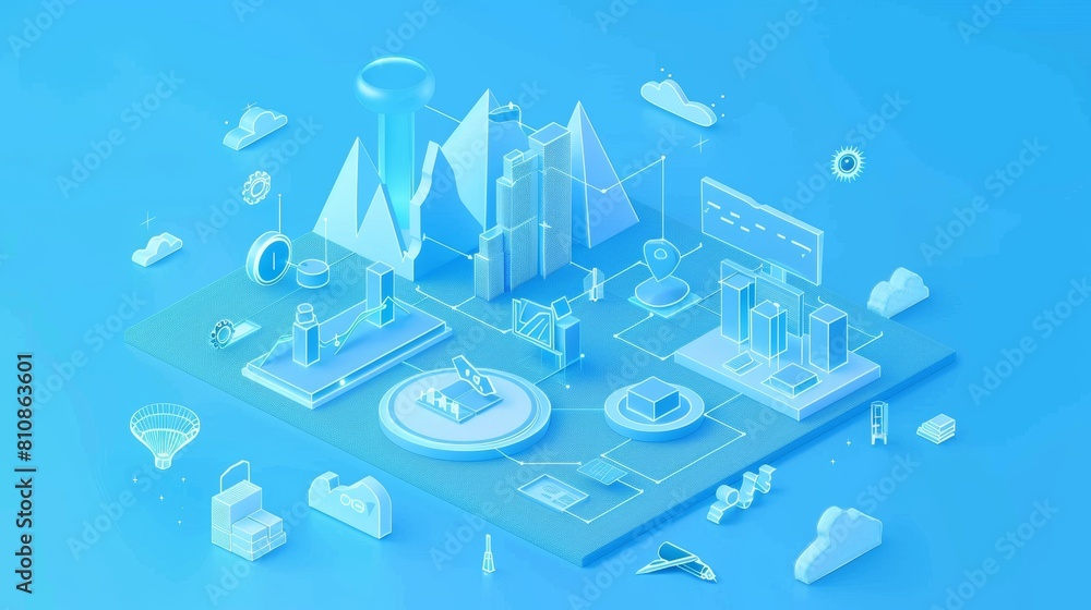 Aufkleber on blue background, a long tail keyword banner with an isometric chart enhances a modern landing pag