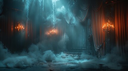 Immerse yourself in a mystical séance room where candles are the only source of light, casting soft but eerie shadows on the walls draped with velvet.