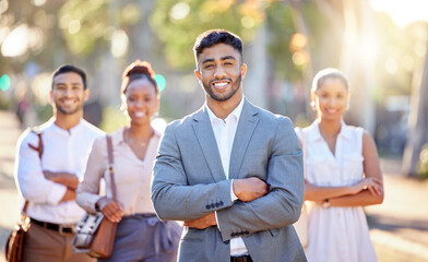 Portrait, city and businessman for pride with smile, lens flare and teamwork with solidarity. Male worker, confidence and corporate manager in urban park with sunshine for collaboration and support