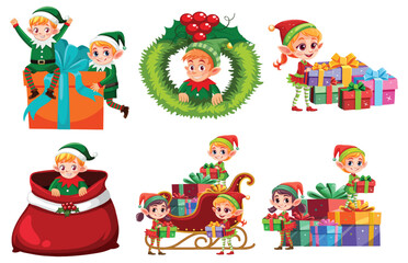 Colorful illustrations of elves with Christmas gifts and decorations