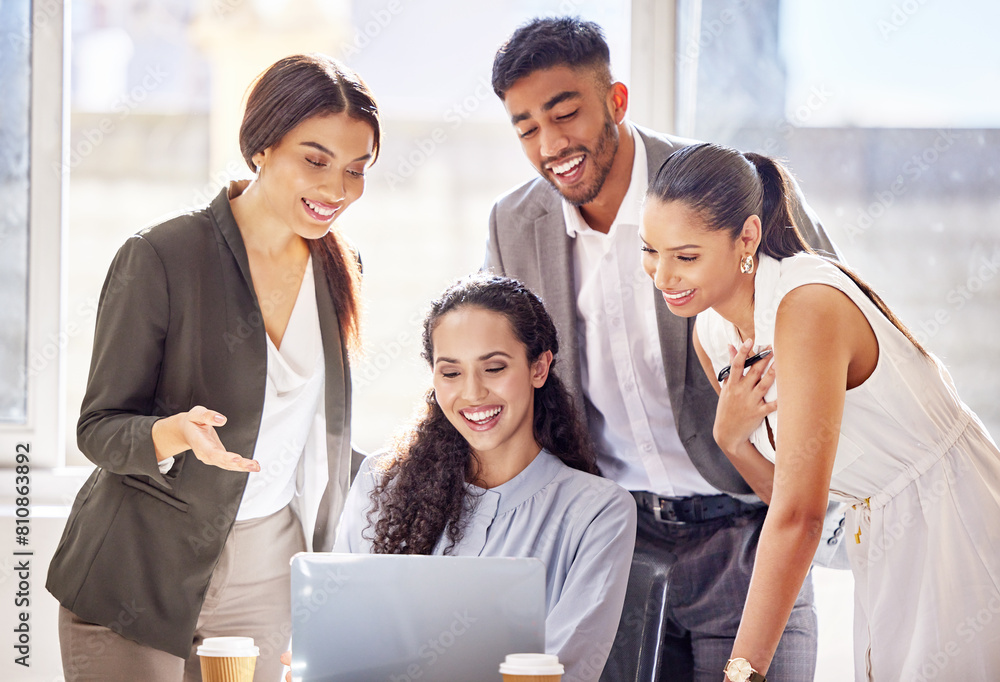 Poster Team, people and laptop with happy, smile and video conference or call in collaboration at office for business. Group, diversity and technology in workplace for meeting, networking and communication