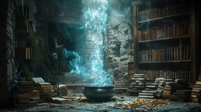 Inside a witch's dimly lit cabin filled with bubbling potions and ancient spell books.