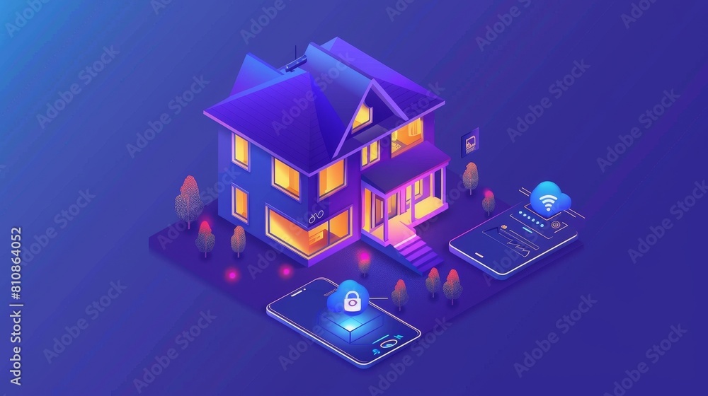 Poster a smart home banner. internet of things technology concept. modern landing page illustrating a house