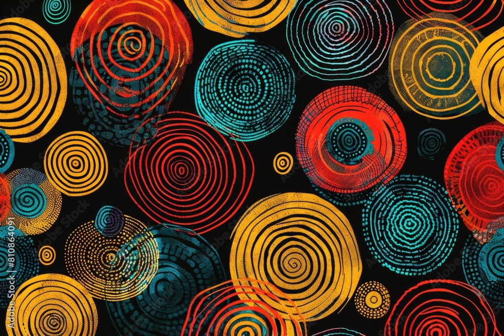 Poster Various colored circles on a dark backdrop. Suitable for graphic design projects