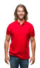 Young handsome man with long hair over isolated background with a happy and cool smile on face. Lucky person.