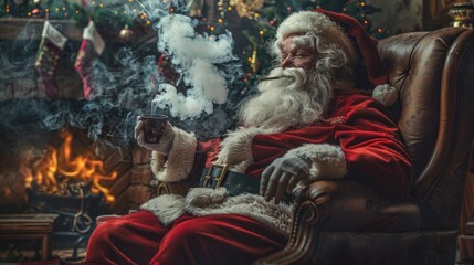 Santa Claus sitting in a chair smoking a cigarette, suitable for holiday concepts