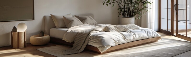 Bed with a wooden frame and pillows on it. Cozy background. Banner