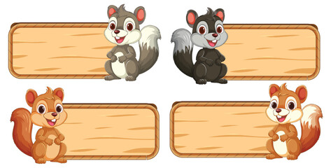 Obraz premium Four squirrels posing with blank wooden signs