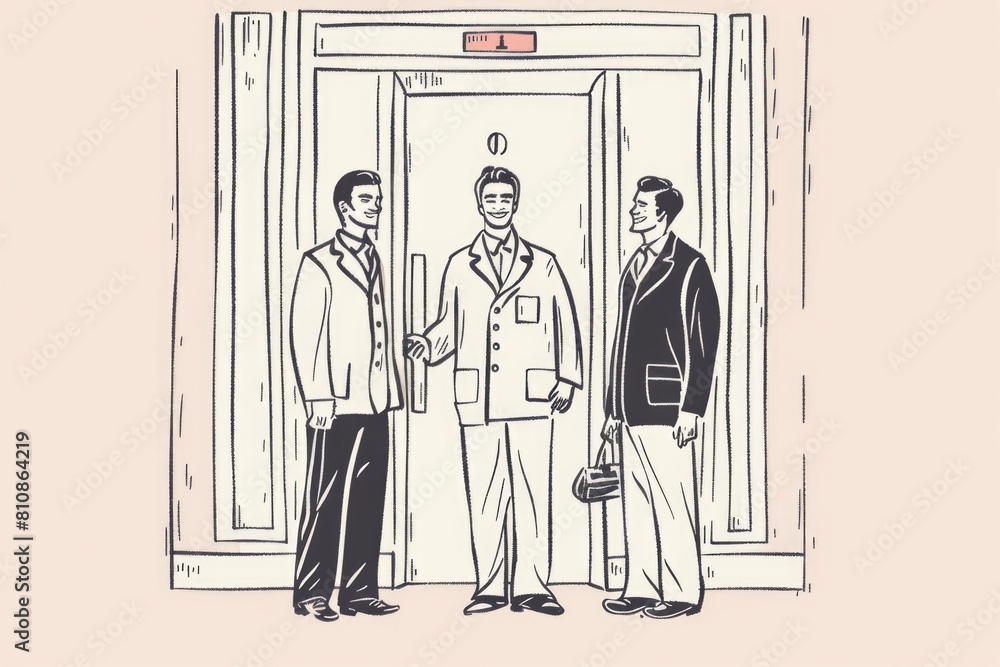 Poster three men standing in front of a door, suitable for business or security concepts