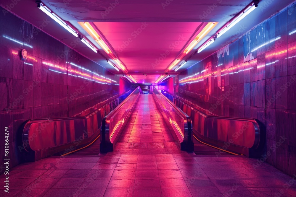 Poster a modern escalator in a subway station with vibrant neon lights. suitable for urban transportation c