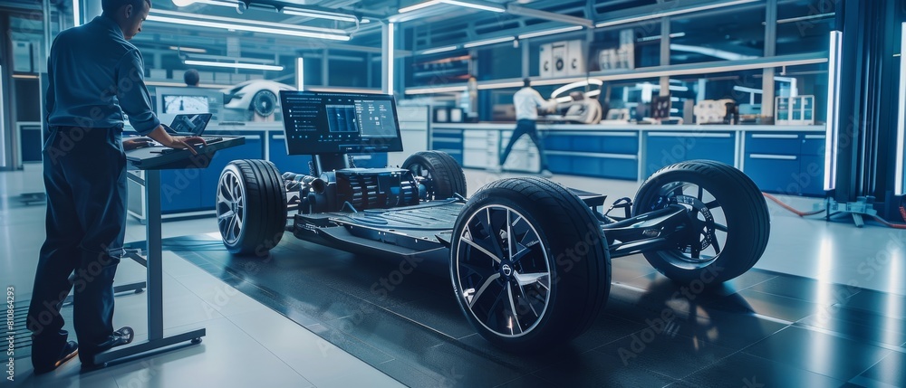Poster engineer testing electric car chassis prototype in high tech development laboratory on computer with