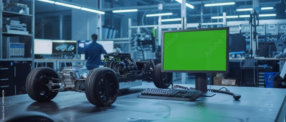 Poster an engineer works on a computer with a green screen mock-up template. a prototype electric car chass