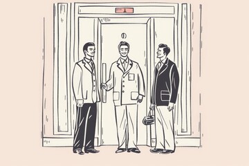 Three men standing in front of a door, suitable for business or security concepts