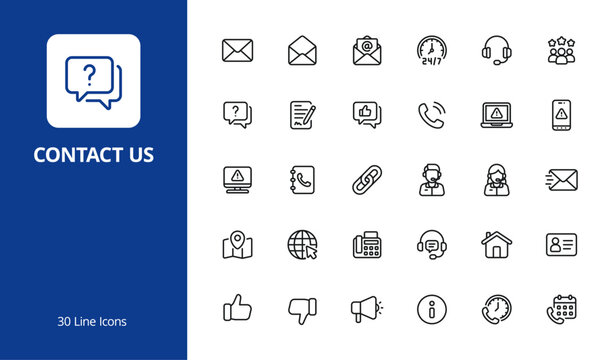 Contact Us Icon Set with line style. A versatile collection perfect for UI, infographics, or social media content related to customer service, contact us, or communication.